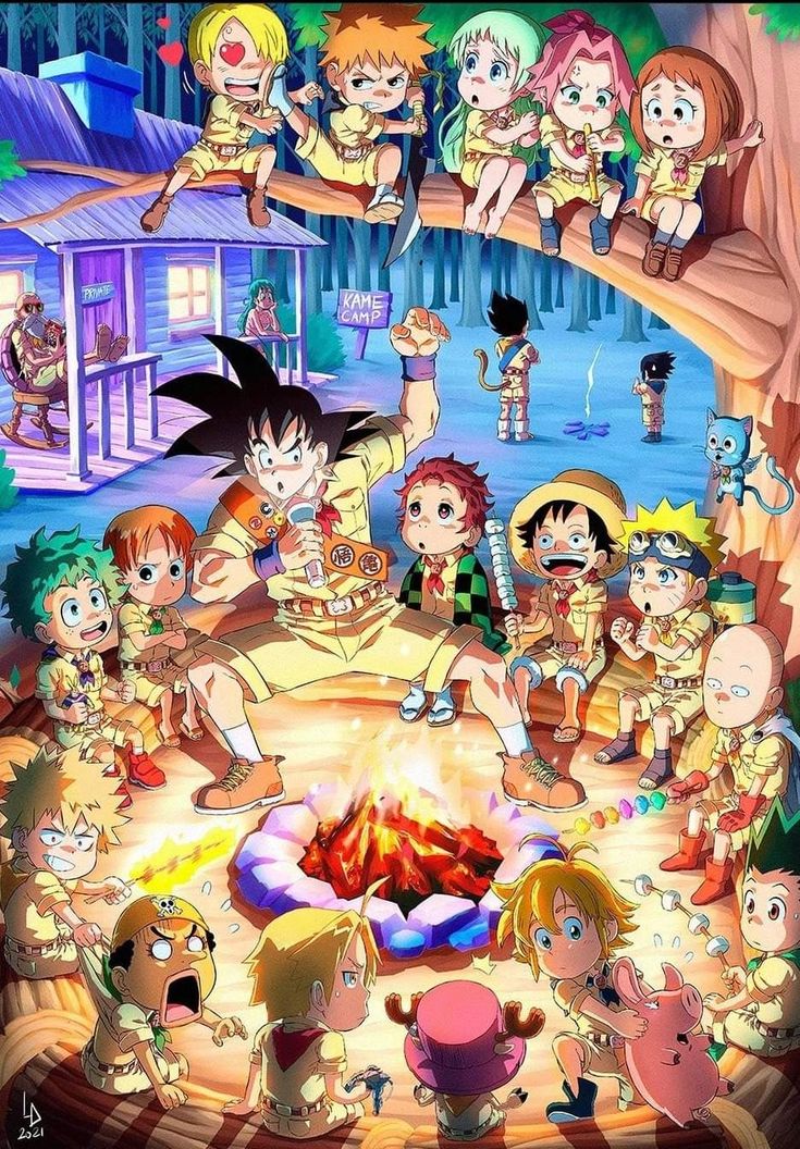 an illustrated image with a mix of different anime characters sitting down by the fire on a camping trip
