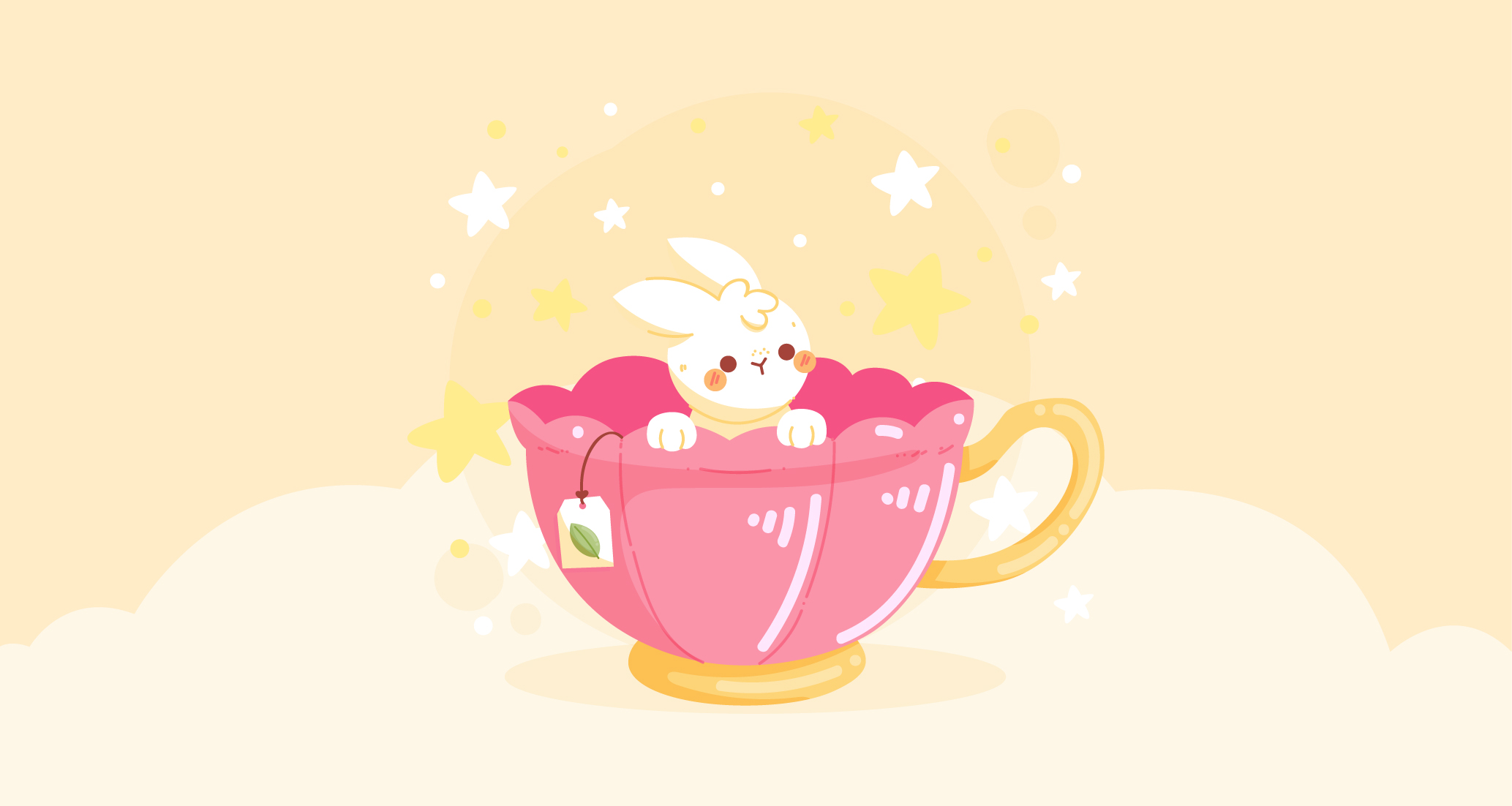 hand drawn illustration of a cute bunny inside a tea cup